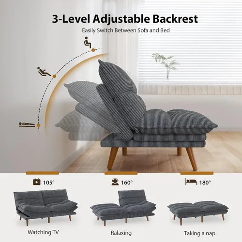 Vista 3 de Pipishell Sofá cama futón, futón convertible con respaldo ajustable y reposabrazos, sofá cama de pana para espacios pequeños, sala de estar, Gris
