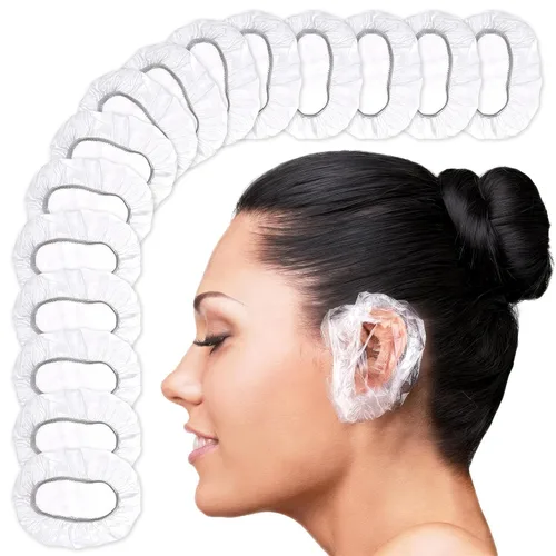 Vista 10 de 100 fundas desechables para los oídos para la ducha, tapas de plástico Cubiertas para los oídos para tinte para el cabello y color de salón, borde