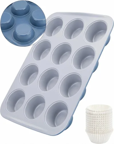 Vista 12 de CARTMAN Molde para magdalenas de 12 tazas y 200 forros, lata antiadherente Negro