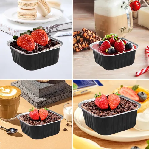 Vista 6 de 50 Pcs Mini Square Baking Cups with Lids,5oz Aluminum Foil Mini Cake Pans with Lids,Disposable Ramekins Cake Pans,150ml Dessert Cups Cupcake Pans