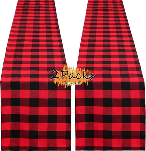 Vista 8 de Camino de mesa a cuadros de búfalo negro y rojo, 2 paquetes de 13 x 108 pulgadas, caminos de mesa navideños a cuadros para decoración de mesa