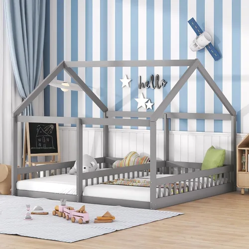 Vista 3 de Harper & Bright Designs Marco de cama para niños con 2 camas de plataforma individual, con techo triangular de madera, cama Montessori de suelo Gris