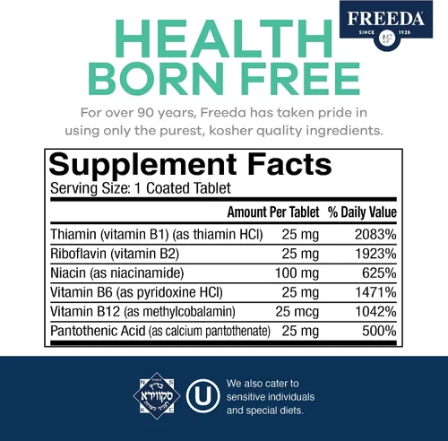Vista 3 de Freeda Complejo de vitamina B, sin fólico, sin PABA, suplemento vitamínico kosher complejo súper B con vitamina B1, vitamina B2, vitamina B3