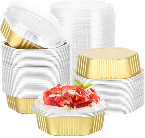 Vista 16 de Beasea Tazas desechables para hornear con tapas, juego de 50 unidades, 13.5 oz 400 ml, ramekins de aluminio con tapa de papel de aluminio, moldes