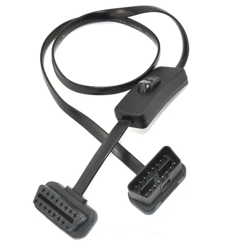 Vista 2 de Cable OBD 2, ultra delgado de 16 pines M/F OBDII cable de extensión con interruptor de alimentación, conector adaptador de cable plano