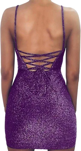 Vista 2 de FV RELAY - Vestido bodycon corto y cruzado sin mangas, ceñido, con purpurina, sexy, para mujer, ideal para fiestas y discotecas