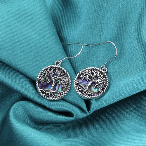 Vista 6 de Aretes de plata de ley 925 con diseño de gato, árbol de la vida, piedra lunar, lágrima, filigrana, colgantes, para mujeres y niñas