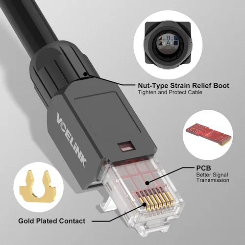 Vista 4 de VCELINK Conector RJ45 sin herramientas, enchufe de terminación de campo CAT6, enchufe modular chapado en oro, conector UTP CAT6 sin herramientas