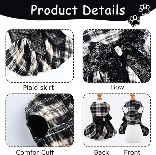 Vista 6 de Suéter pequeño para perro, ropa para perro, vestidos para cachorros para perros pequeños, vestido a cuadros de princesa, ropa para festivales