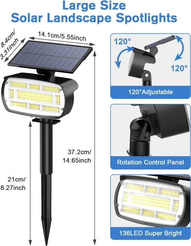 Vista 7 de Fabrito Focos solares grandes para exteriores, paquete de 2 unidades, 1000 lúmenes de alto brillo, foco solar impermeable IP65 con 136 LED, luces