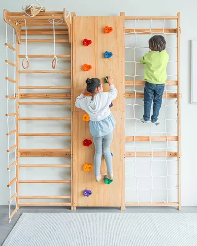 Vista 10 de Avenlur Juego de gimnasio de pared de escalera sueca 9 en 1 de nogal