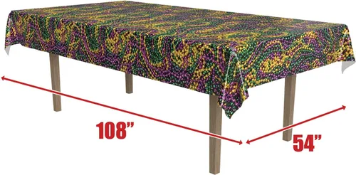 Vista 2 de Beistle Mantel de cuentas de Mardi Gras, 54 x 108 pulgadas, 2 piezas – Mantel de plástico, mantel rectangular, decoraciones de Mardi Gras