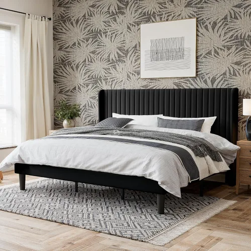 Vista 14 de GOLDORO Marco de cama King Size con base elevada, cabecera tapizada con botones verticales y alas, soporte de listones de madera, no necesita