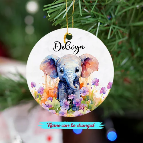 Vista 2 de Adorno de elefante de Navidad 2025, lindo adorno de elefante personalizado para árbol de Navidad, adornos de elefantes florales para bebés, regalos