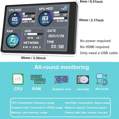 Vista 3 de WOWNOVA Monitor de temperatura de computadora versión en inglés, pantalla ARGB para PC, Mini pantalla IPS USB, monitor de datos HDD CPU RAM