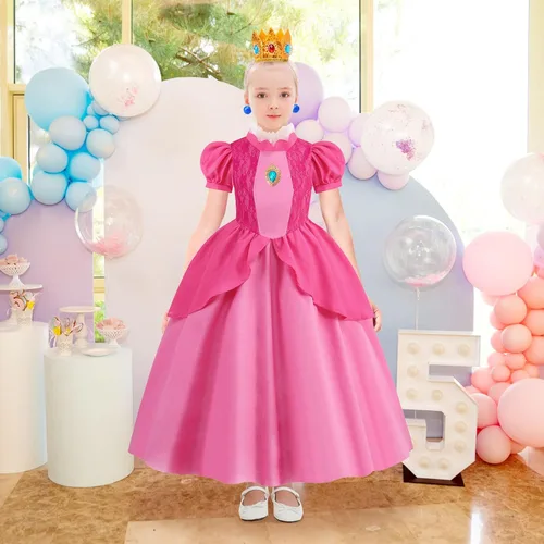 Vista 2 de ICECUTE Vestidos de princesa melocotón para niñas, disfraz de princesa melocotón margarita, disfraces de Halloween con accesorios