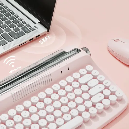 Vista 5 de YUNZII ACTTO B303 Wireless Retro Typewriter Bluetooth Keyboard(Baby Pink) Conexión estable de Bluetooth, tiempo de espera largo, con soporte