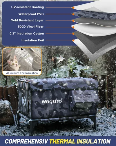 Vista 4 de Casa climatizada para gatos para exteriores, casa aislada a la intemperie para gatos al aire libre con aleros impermeables y puerta de escape