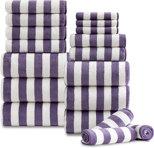 Vista 15 de Juego de 18 toallas de baño de rayas color blanco y negro con lazo para colgar, 6 toallas de baño, 6 toallas de mano, 6 toallas familiares, juego