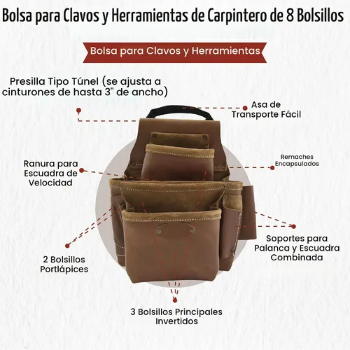 Vista 3 de Style n Craft Estuche para uñas y herramientas de 8 bolsillos, bolsa de herramientas de cuero resistente, bolsa de cuero de grano completo perfecta