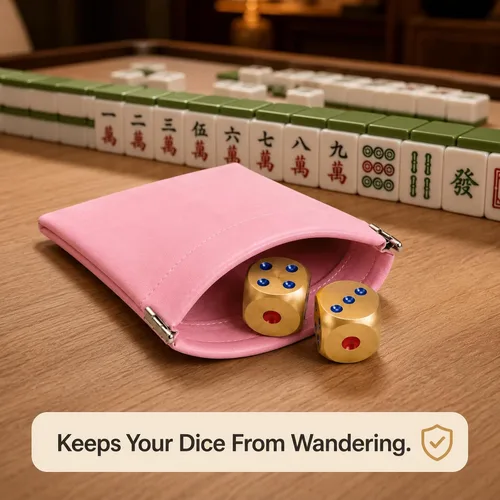 Vista 2 de Mahjong - Juego de dados, bolsa de poliuretano rosa con 2 dados