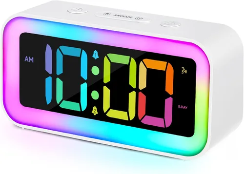 Vista 8 de Cadmos Reloj despertador fuerte para dormitorios con luz nocturna RGB dinámica, para adultos que duermen profundamente, doble alarma, atenuador