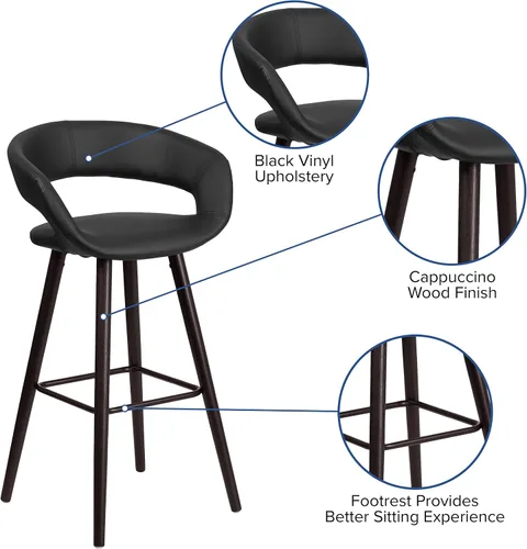 Vista 4 de BizChair 29"H Cappuccino Wood Rounded Open Back Barstool in Black Vinyl