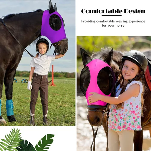 Vista 3 de Weewooday - 2 máscaras faciales de caballo con orejas, suaves y elásticas para moscas, cubierta de malla transpirable para los ojos, máscaras