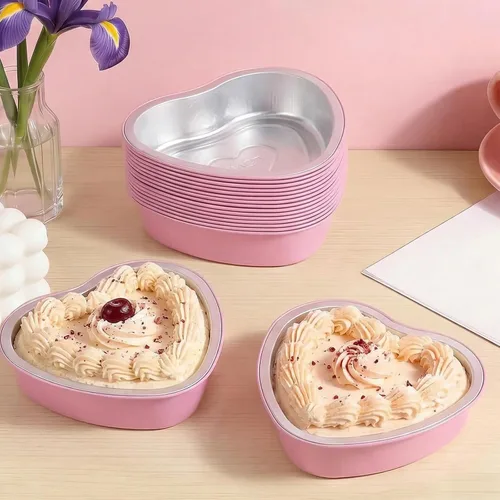 Vista 6 de Juego de 15 moldes para pasteles en forma de corazón con tapas, mini recipientes desechables de papel de aluminio para cupcakes de 22.7 onzas