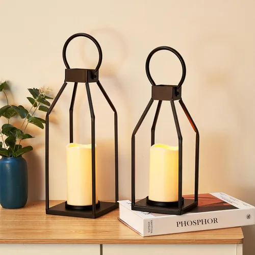 Vista 7 de PHOSPHOR Juego de 2 faroles modernos de metal negro para decoración de granja, faroles de interior y exterior con velas para sala de estar