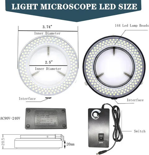 Vista 3 de TreochtFUN - Iluminador ajustable con anillo de luz LED para microscopio 144 Microscope Light Source for Lab Stereo ,with Industry Power Adapter