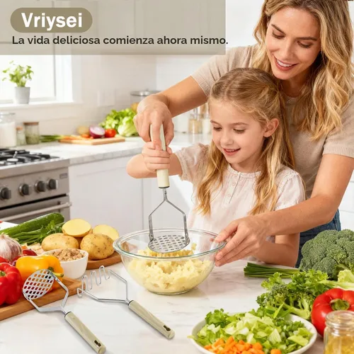 Vista 7 de Triturador de patatas de acero inoxidable, 2 piezas de puré de papas resistente, herramienta de cocina y trituradora de alimentos para papas