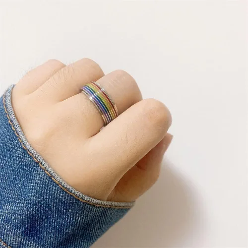 Vista 6 de Rotatable Rainbow Stripe LGBT Pride Band Ring for Women Men Teen Girls Couples Bff Anti Anxiety Stress Relief Fidget Spinner Ring Stainless Steel