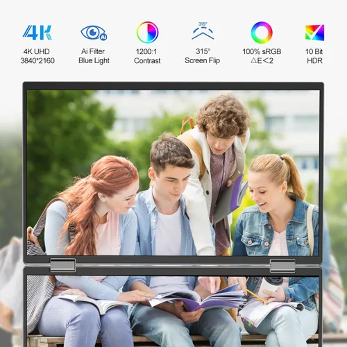 Vista 3 de InnoView Monitor Portátil Dual 4K de 15.6 pulgadas 3840x2160P 100% sRGB Owl Eye Vision - Diseño Plegable con Ajuste de Pantalla de 315°, Soporte