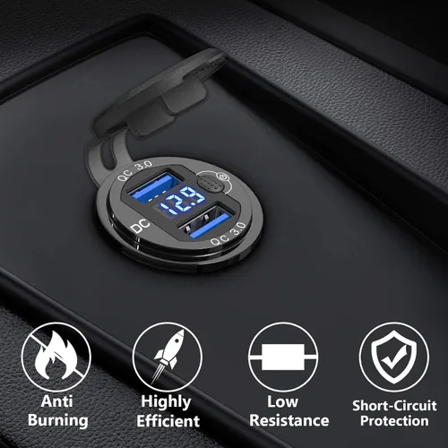 Vista 2 de [Carcasa de metal] Salida USB de 12 V Dual QC 3.0: Qidoe Enchufe de aluminio de 12 voltios para motocicleta con interruptor de botón voltímetro LED