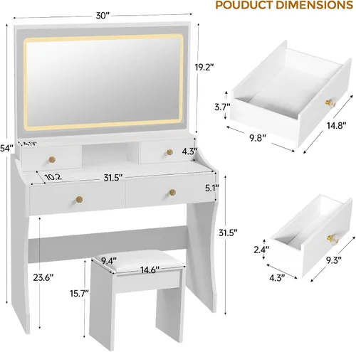 Vista 2 de COMHOMA Escritorio de maquillaje con espejo y luces, juego de mesa de tocador y silla con 5 cajones y estación de carga, tocador de dormitorio