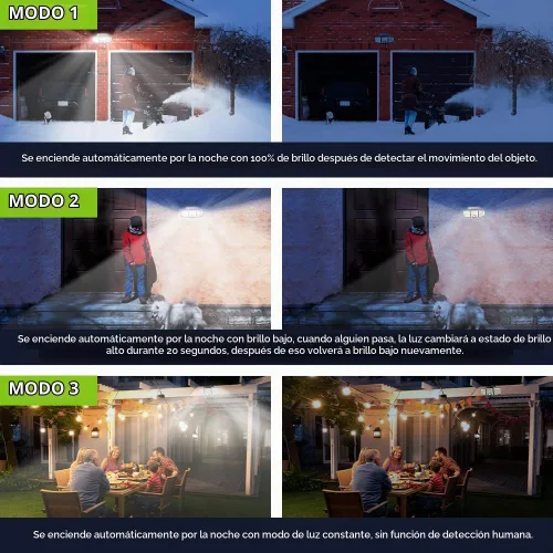 Vista 3 de Luces solares para exteriores con sensor de movimiento, 223 luces LED de seguridad, reflector LED impermeable IP65, 3 cabezales ajustables, luz
