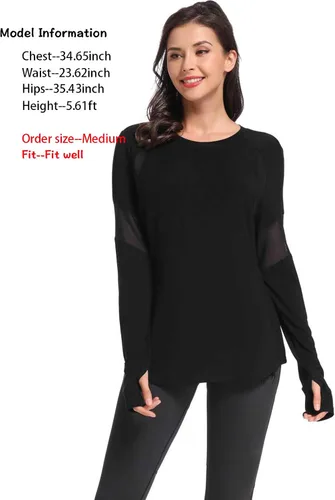 Vista 3 de Muzniuer Camisetas de entrenamiento de manga larga para mujer, camiseta lisa de manga larga para mujer, camiseta deportiva de yoga con agujero