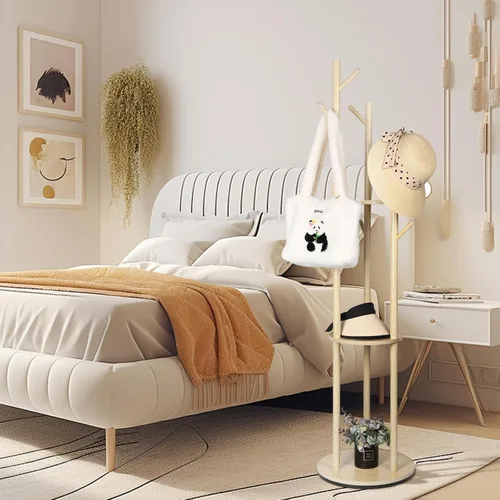 Vista 7 de Perchero de madera con 3 estantes y 9 ganchos, perchero giratorio independiente para entrada, dormitorio, sala de estar, pasillo, capacidad