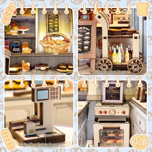 Vista 4 de Kit de construcción de casa en miniatura DIY, kit de rincón de lectura de panadería, rompecabezas de madera en 3D para estanterías, kit de casa