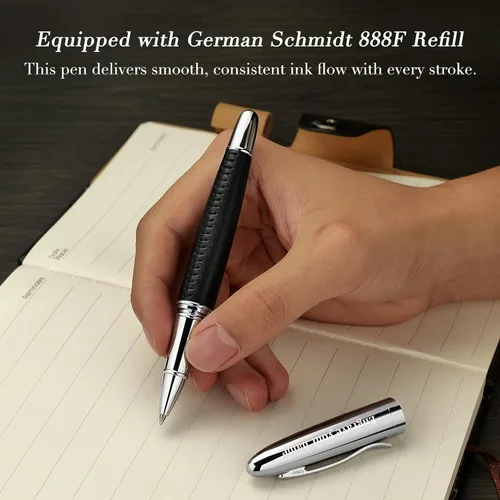 Vista 7 de BEILUNER 318 - Bolígrafo de cuero de lujo personalizado, cuero negro premium cosido a mano, acabado cromado, repuesto Schmidt, elegante set
