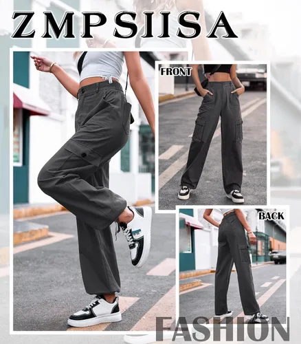 Vista 3 de ZMPSIISA Pantalones cargo de cintura alta para mujer, pantalones casuales de pierna ancha, 6 bolsillos, pantalones militares de combate