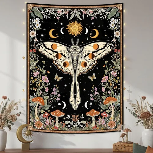 Vista 9 de Aipon Tapiz bohemio de polilla vintage con flores florales, tapices estéticos retro de hongos para dormitorio, sol y luna, tapiz pequeño para colgar
