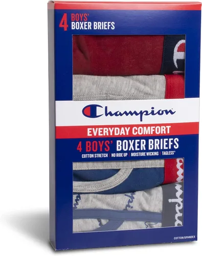 Vista 5 de Champion Ropa interior para niños, calzoncillos tipo bóxer elásticos de algodón, absorben la humedad, paquete de 4 surtidos