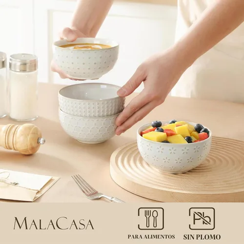 Vista 3 de MALACASA Tazones Pequeños, Tazón para Helado de 14 Onzas, Juego de 4 Tazones de Gres para Postre con Relieve para Aperitivos, Papas Fritas, Frutas