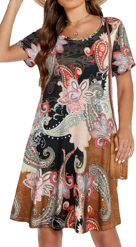 Vista 4 de Vestidos de verano para mujer, informales, holgados, estilo camiseta, florales, de manga corta, con vuelo y bolsillos, para la playa