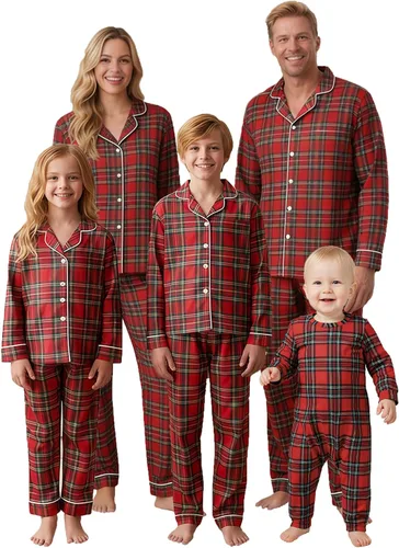 Vista 19 de Awoscut - Conjunto de pijamas navideños a juego, con estampado en la parte superior y pantalones a cuadros #B-7