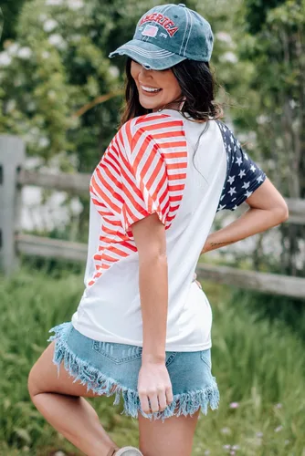 Vista 4 de Camisas patrióticas para mujer, camiseta con la bandera estadounidense, Faith Family Freedom Graphic Tee USA Star Stripes Tops