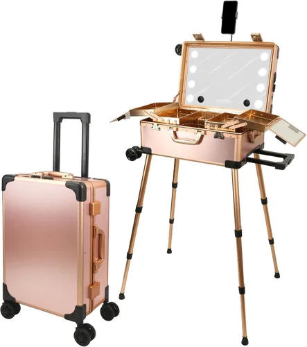 Vista 12 de Estuche de maquillaje rodante con espejo de luz LED, patas ajustables, mesa de tren con cerradura, estudio, artista, cosmética, tamaño de mano