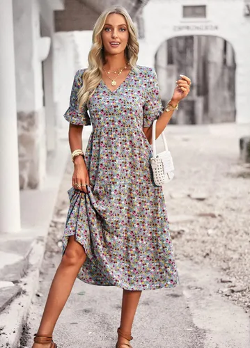 Vista 4 de Vaiaye Vestido bohemio floral de manga corta para mujer, vestido de verano casual, cuello en V, acampanado, bohemio, maxi vestidos